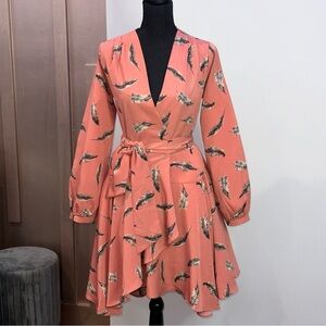 Peach Feather Print Wrap Dress
